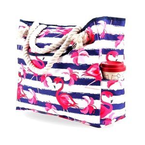 New FLAMINGO CANVAS TOTE BAG Overnighter Weekender Summer Brach Vacation • NWT